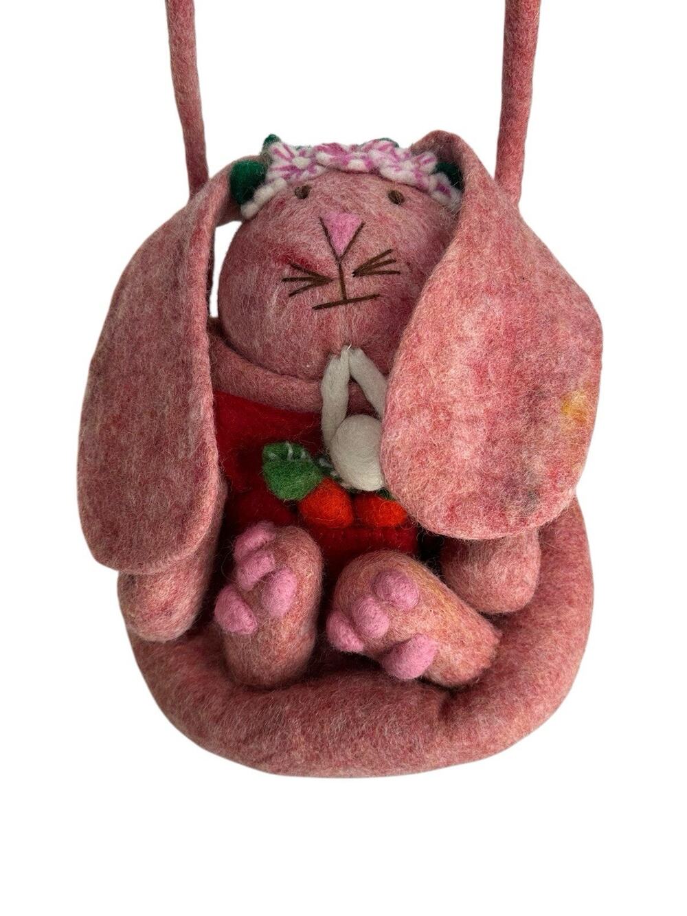 Pink Felt Bunny Rabbit Purse Boho Cottagecore Bag Whimsical